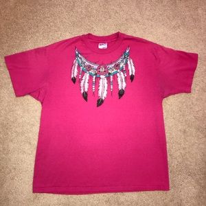 Vintage 90s Hanes Indian Feathers Graphic Tee Adult Size XL Pink USA Made 50 50